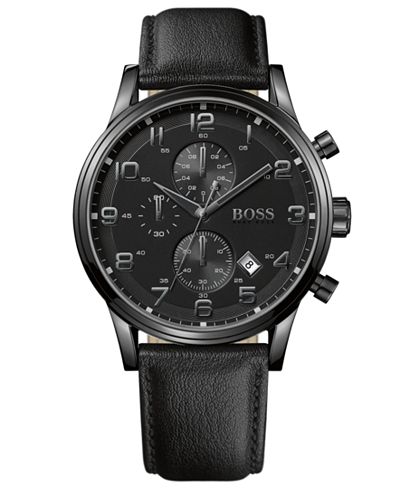 BOSS Hugo Boss Watch, Men's Chronograph Black Leather Strap 44mm ...
