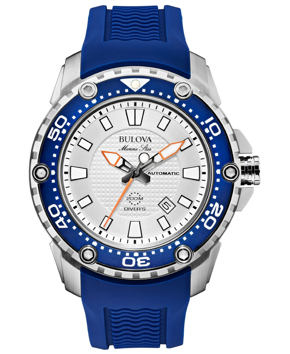 Bulova Mens Automatic Marine Star Blue Silicone Strap Watch 47mm
