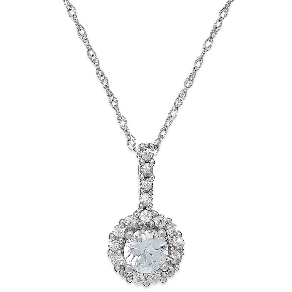 White Sapphire Halo Pendant Necklace in 14k White Gold (3/8 ct. t.w