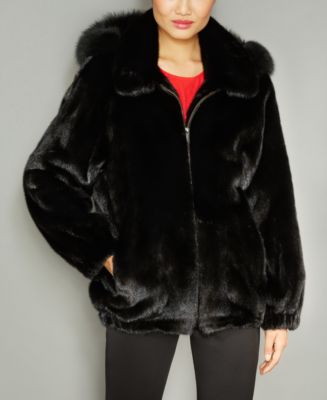 Fox-Fur-Trim Hooded Mink Fur Coat - The Fur Vault - Women - Macy's