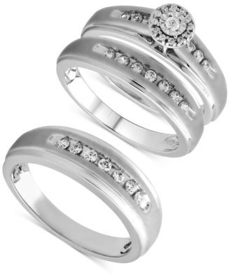 Beautiful Beginnings Diamond Halo Engagement Ring Set for Her and Band for Him in Sterling ...