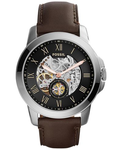 Fossil Men's Automatic Grant Dark Brown Leather Strap Watch 45mm ME3095 ...