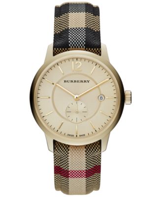 burberry watches check horseferry classic mens 40mm swiss unisex strap honey fabric