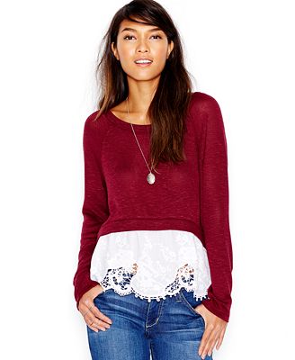 Maison Jules Mixed-Media Lace Hem Top - Tops - Women - Macy's