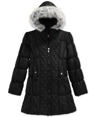 Hawke & Co. Girls' Quilted Puffer Coat with Faux Fur Trim