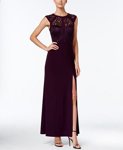 Nightway Banded Lace Cap-Sleeve Slit Gown - Dresses - Women - Macy's