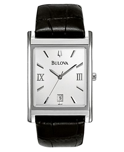 bulova men's black leather strap watch 45mm 96b107